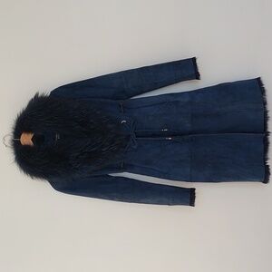 Vintage Blue Suede Leather Coat With Fox Fur Collar